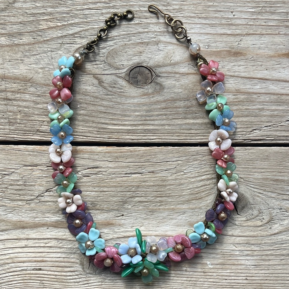 Vintage Floral Beaded Necklace Glass Style on Brass Mesh (Louis Rousselet Style)